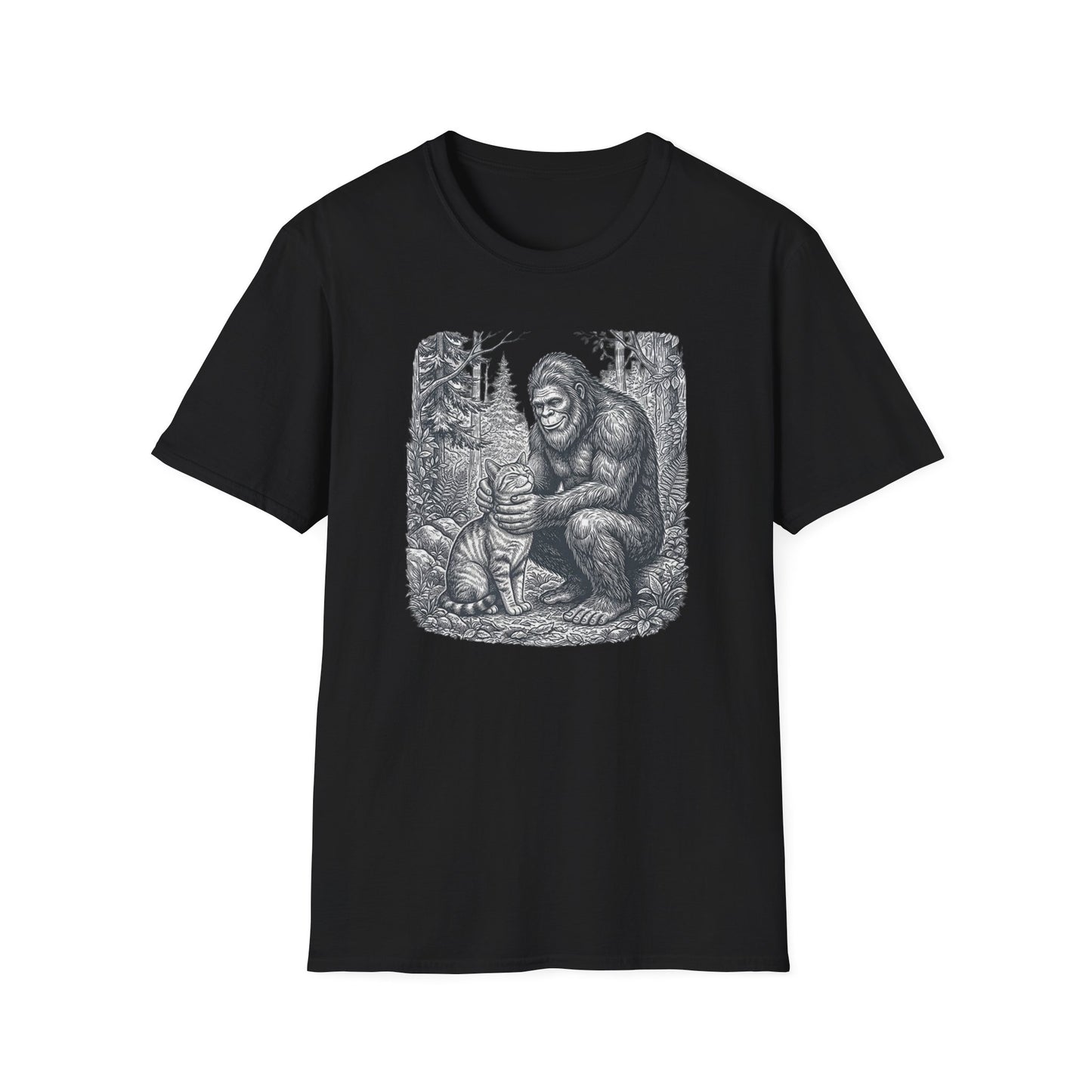 Bigfoot & Cat T-Shirt — Vintage Sasquatch Forest Illustration