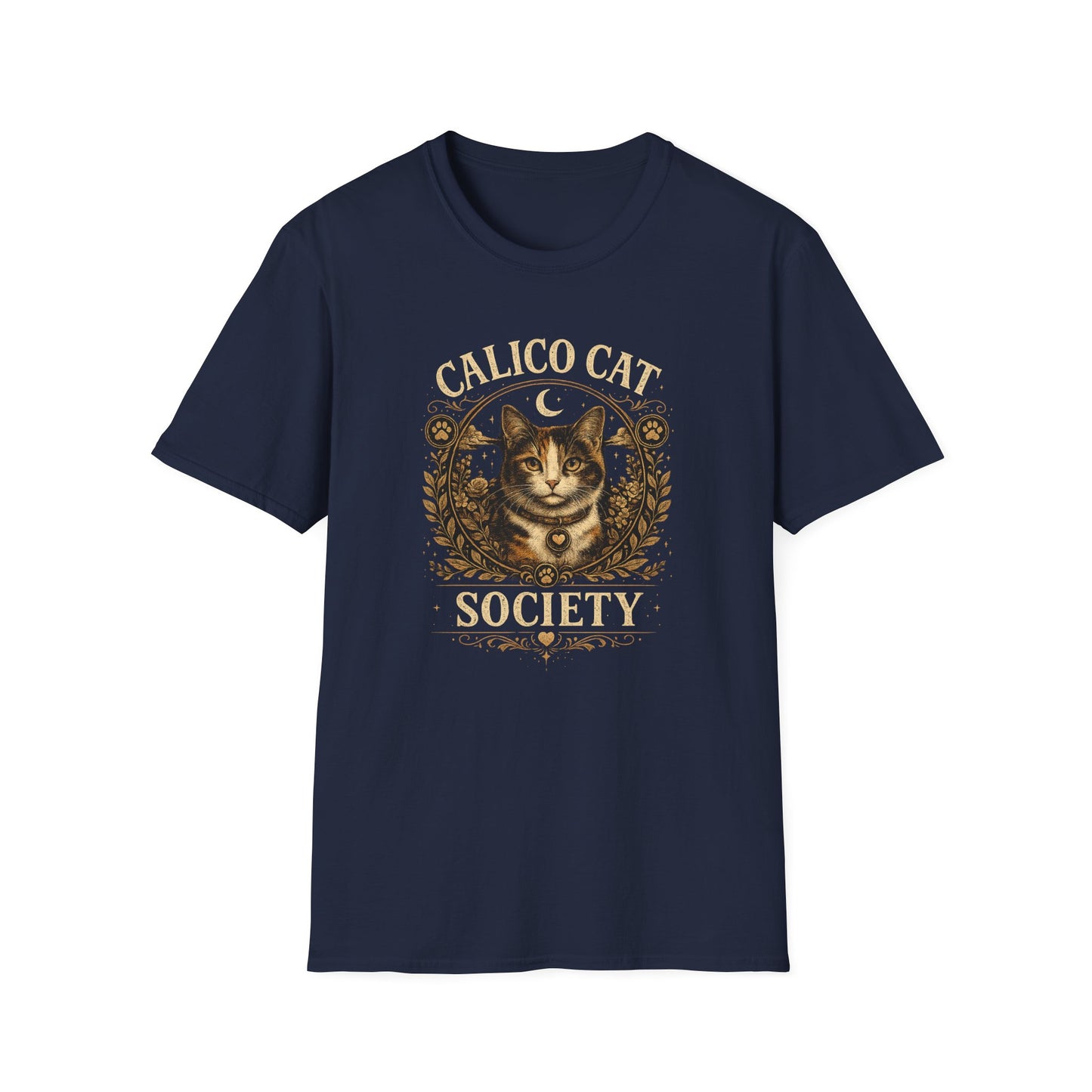 Calico Cat Society T-Shirt — Vintage Moon & Floral Cat Graphic