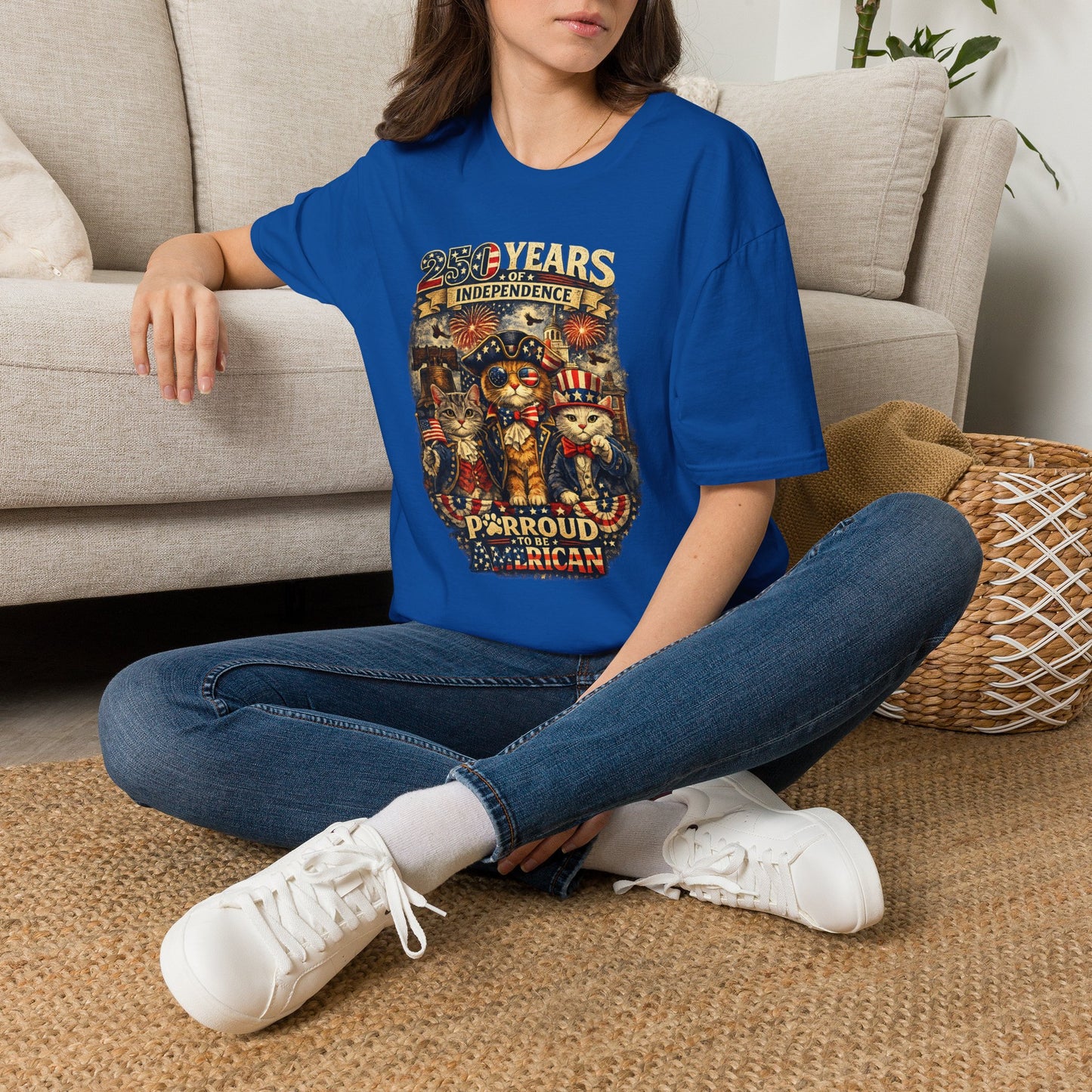 T-Shirt — "250 Years of Independence" Patriotic Cat Fourth of July Tee