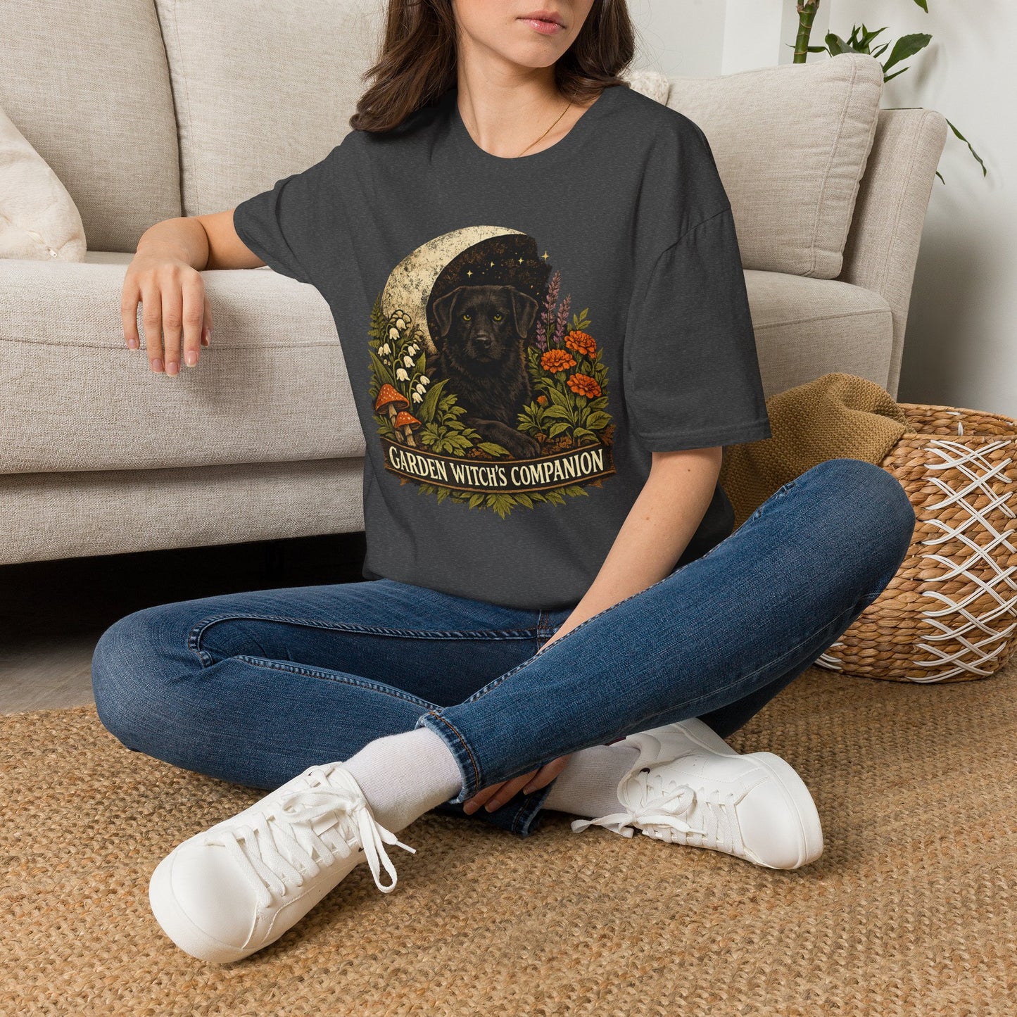 Witch’s Companion Black Dog T-Shirt — “Garden Witch’s Companion” Moon & Floral Tee