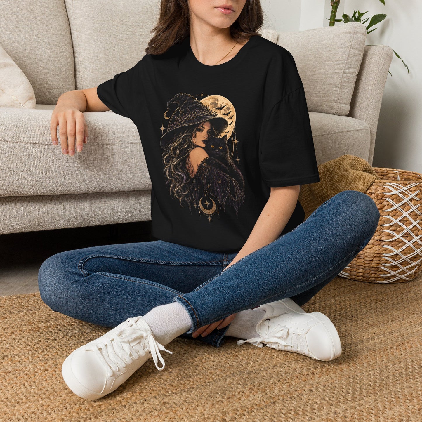 Witch & Black Cat Moon T-Shirt — Mystical Halloween Graphic Tee