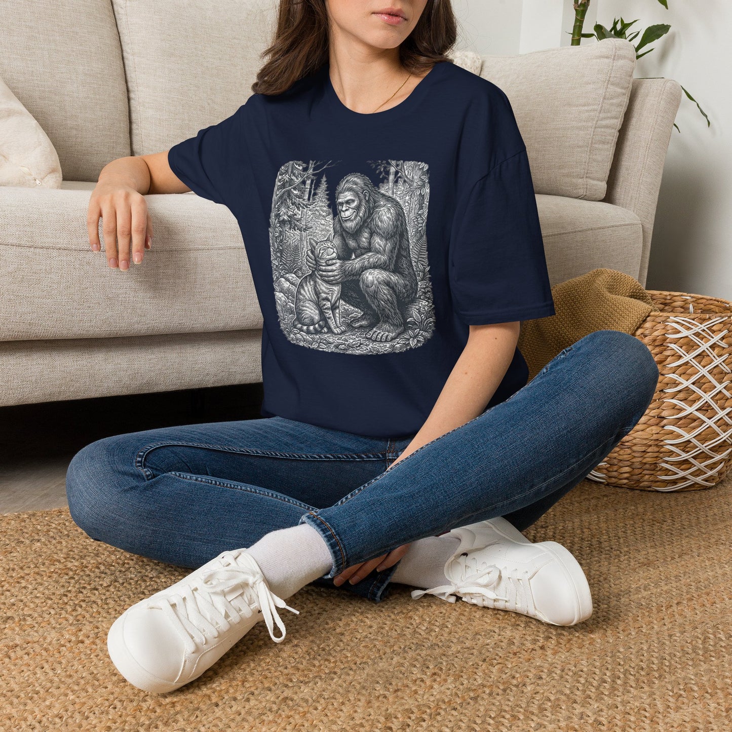 Bigfoot & Cat T-Shirt — Vintage Sasquatch Forest Illustration