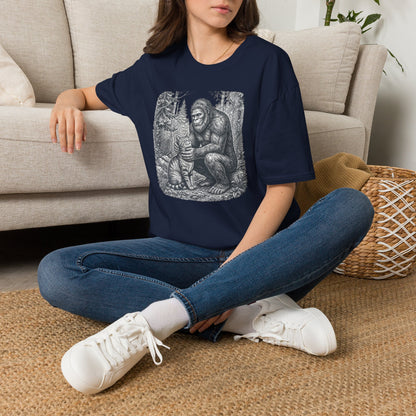 Bigfoot & Cat T-Shirt — Vintage Sasquatch Forest Illustration