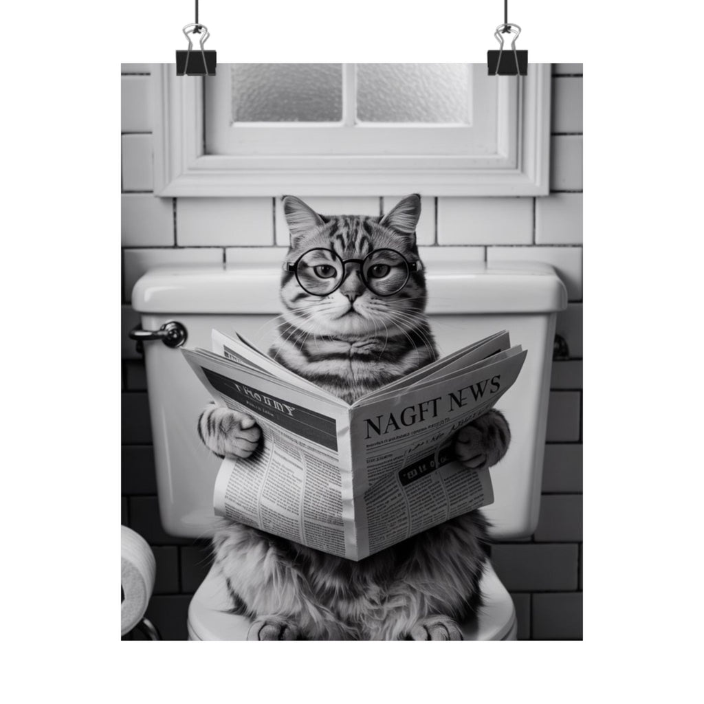 Cat Reading Newspaper Poster — Funny Black & White Matte Vertical Wall Art