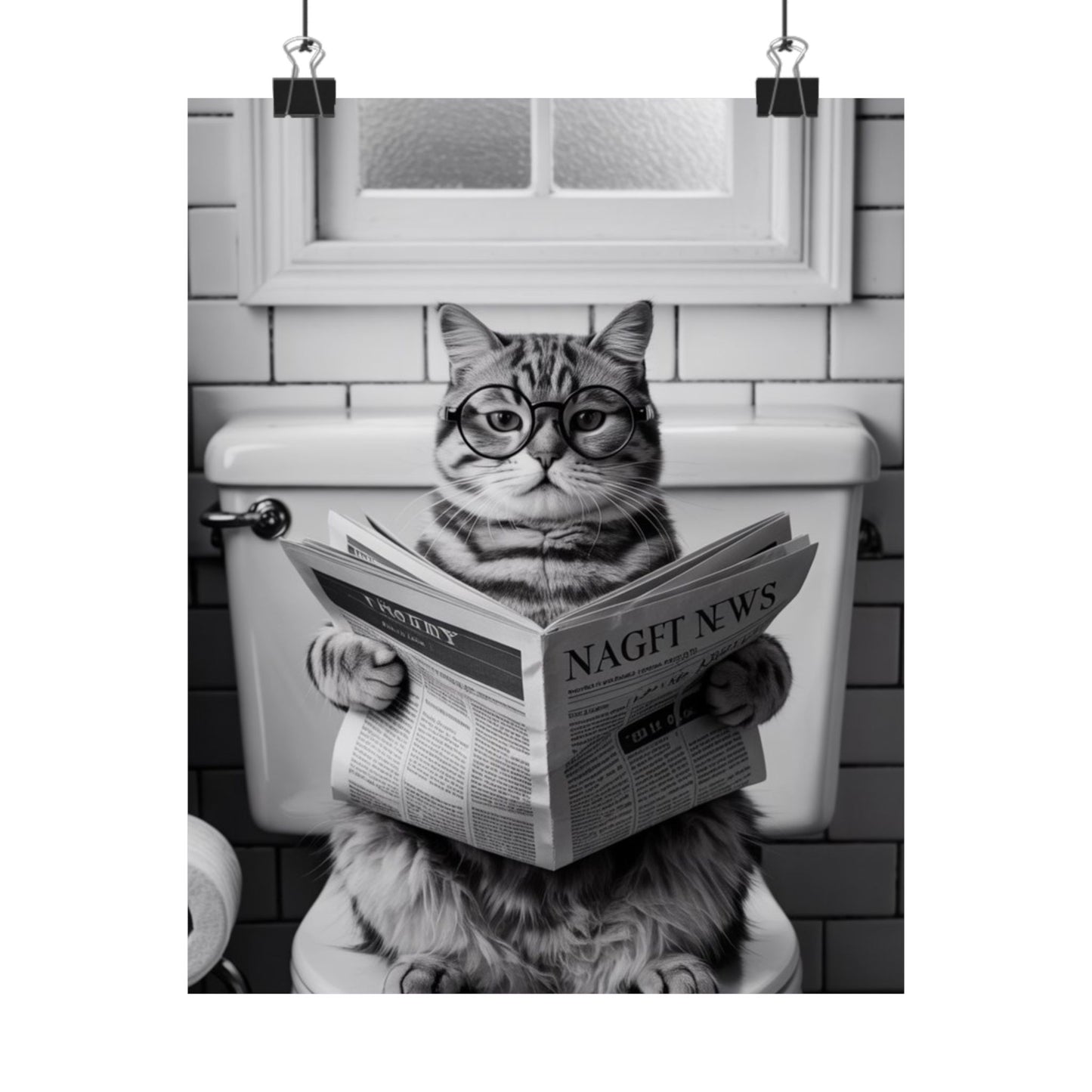 Digital download Cat Reading Newspaper Poster — Funny Black & White Matte Vertical Wall Art