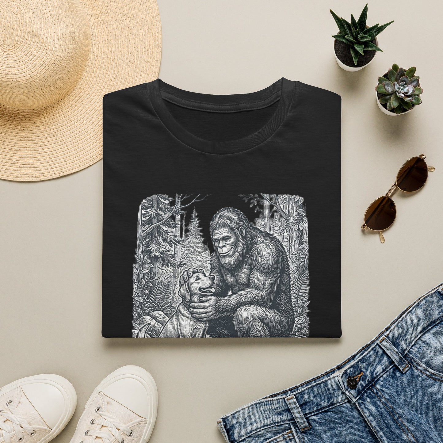 Bigfoot & Dog Graphic T-Shirt — Retro Wilderness Sasquatch Design