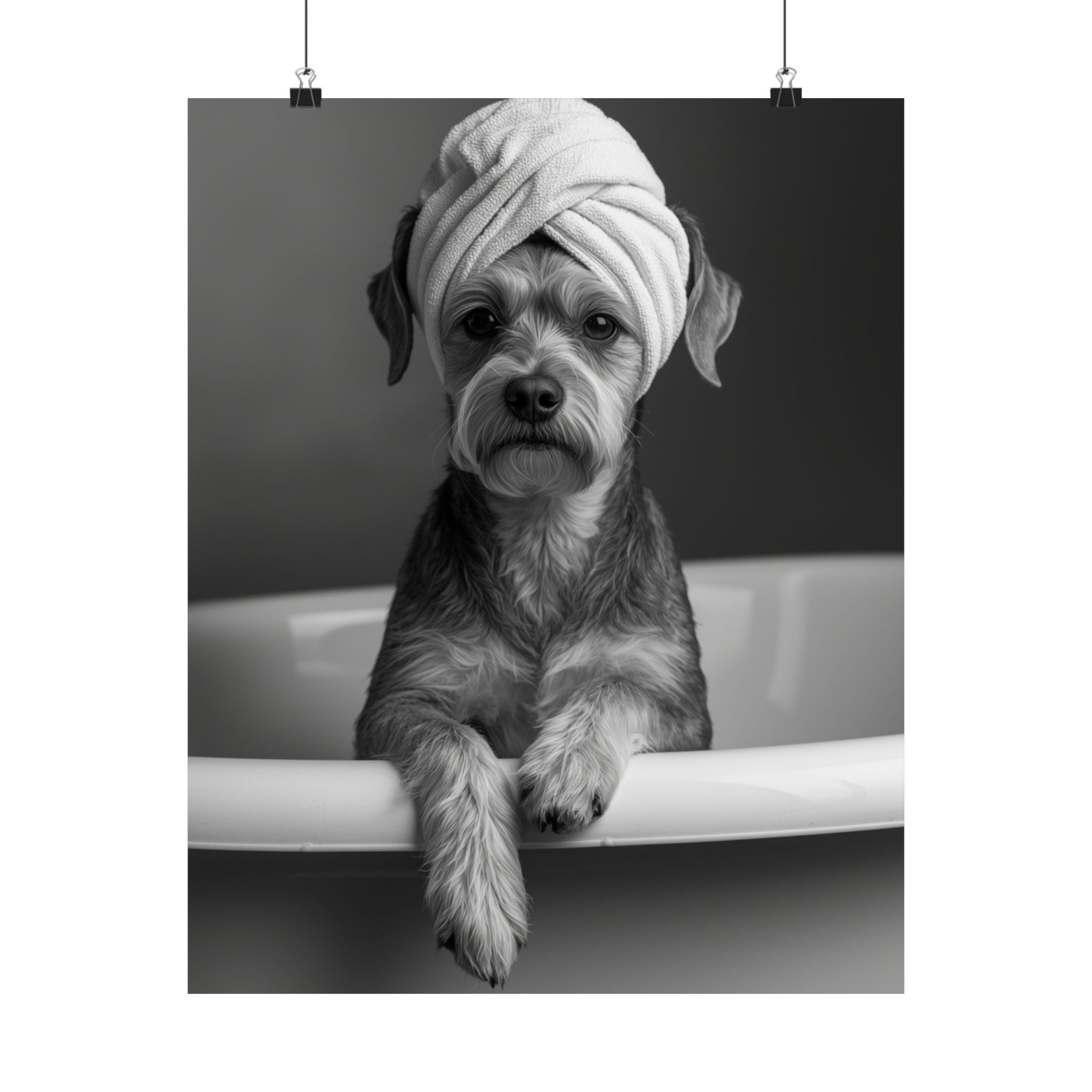 Digital download Spa Pup Matte Vertical Poster — Black & White Dog in Bathtub Print