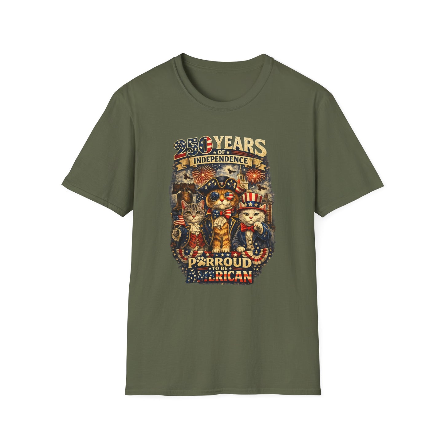 T-Shirt — "250 Years of Independence" Patriotic Cat Fourth of July Tee