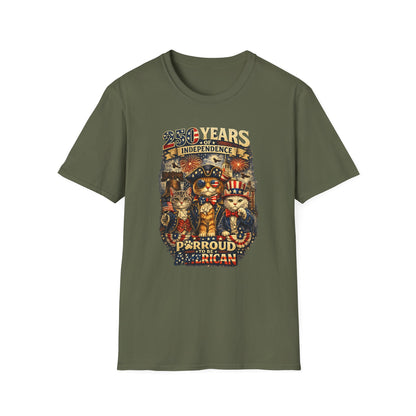 T-Shirt — "250 Years of Independence" Patriotic Cat Fourth of July Tee