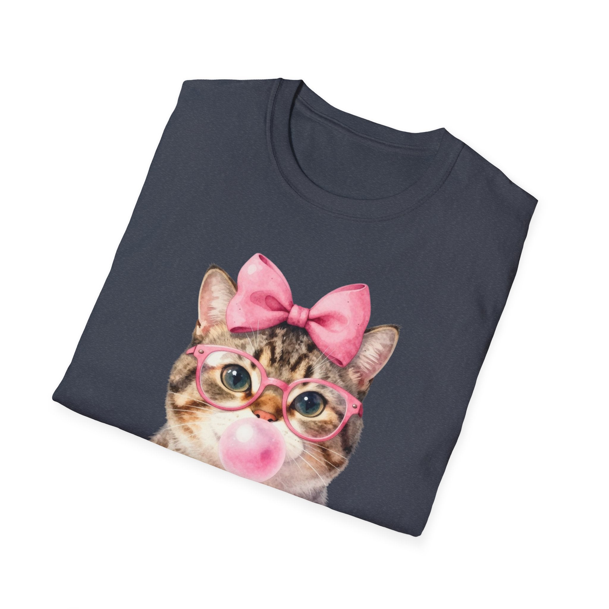 Cute Cat T-Shirt — Kitty with Glasses, Pink Bow & Bubblegum