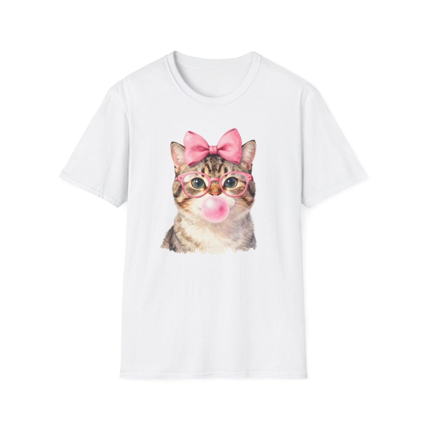 Camiseta de gato adorable: gatito con gafas, lazo rosa y chicle