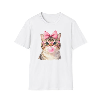 Camiseta de gato adorable: gatito con gafas, lazo rosa y chicle
