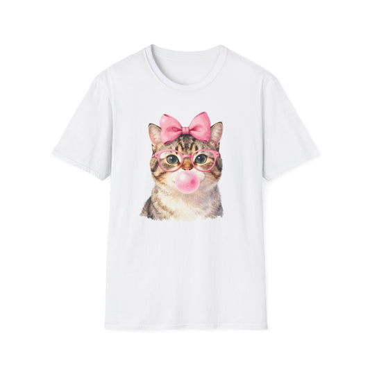 Camiseta de gato adorable: gatito con gafas, lazo rosa y chicle