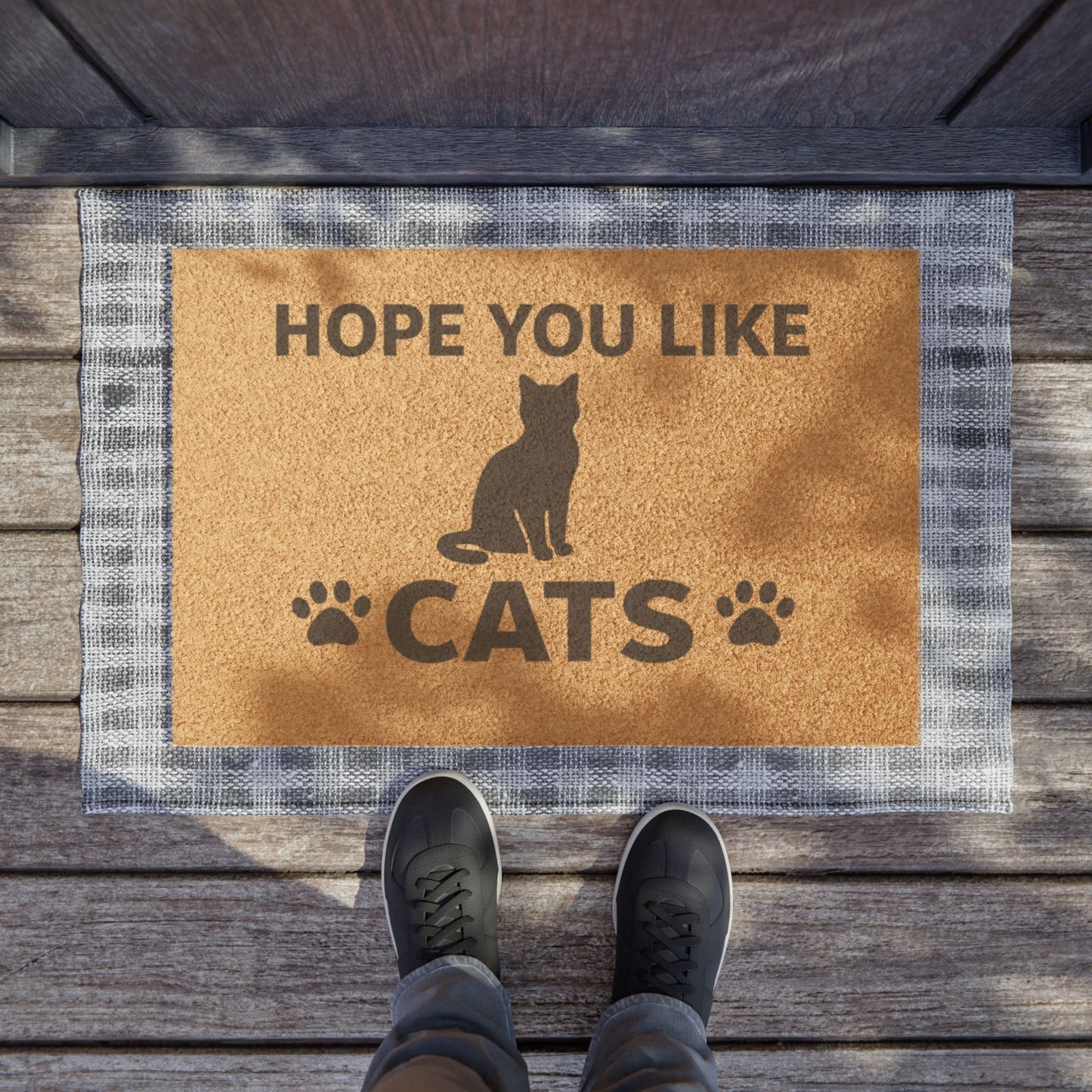 Felpudo "Espero que te gusten los gatos": divertido felino con huellas de patas para amantes de los gatos
