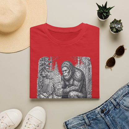 Bigfoot & Cat T-Shirt — Vintage Sasquatch Forest Illustration