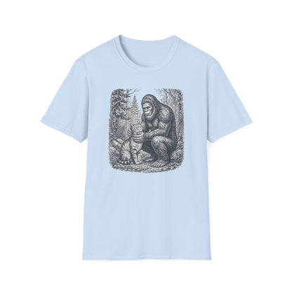 Bigfoot & Cat T-Shirt — Vintage Sasquatch Forest Illustration