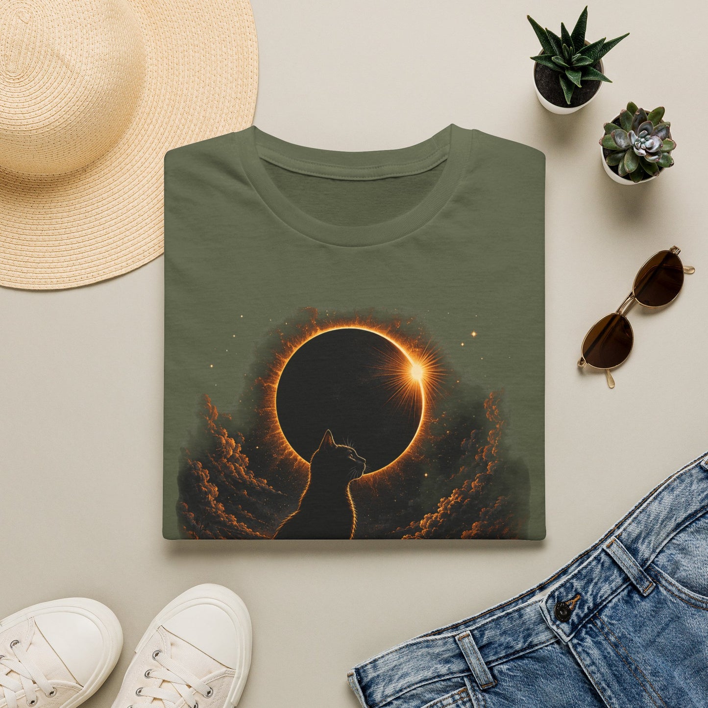 Eclipse Cat T-Shirt — Cosmic Solar Eclipse Cat Silhouette Tee