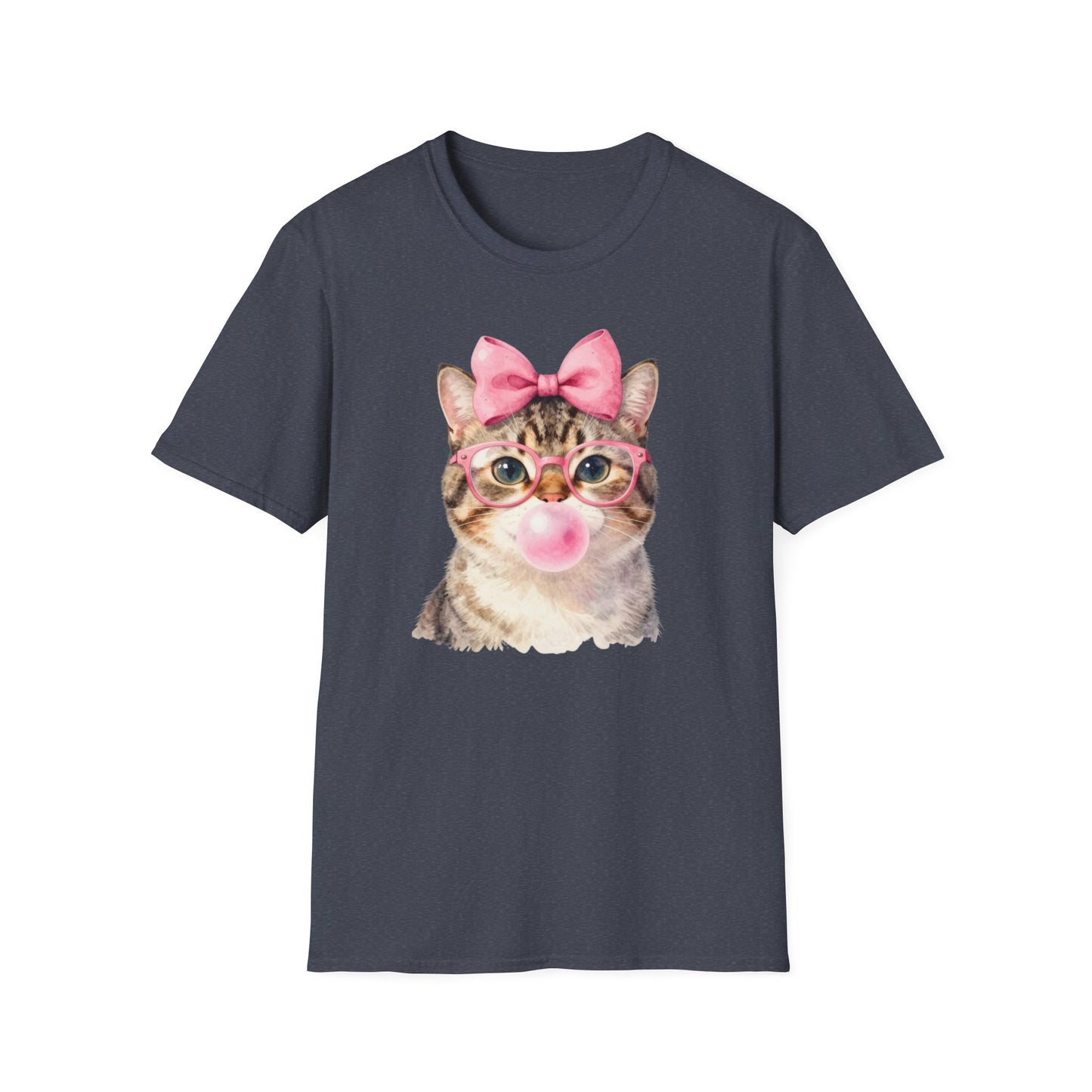 Camiseta de gato adorable: gatito con gafas, lazo rosa y chicle