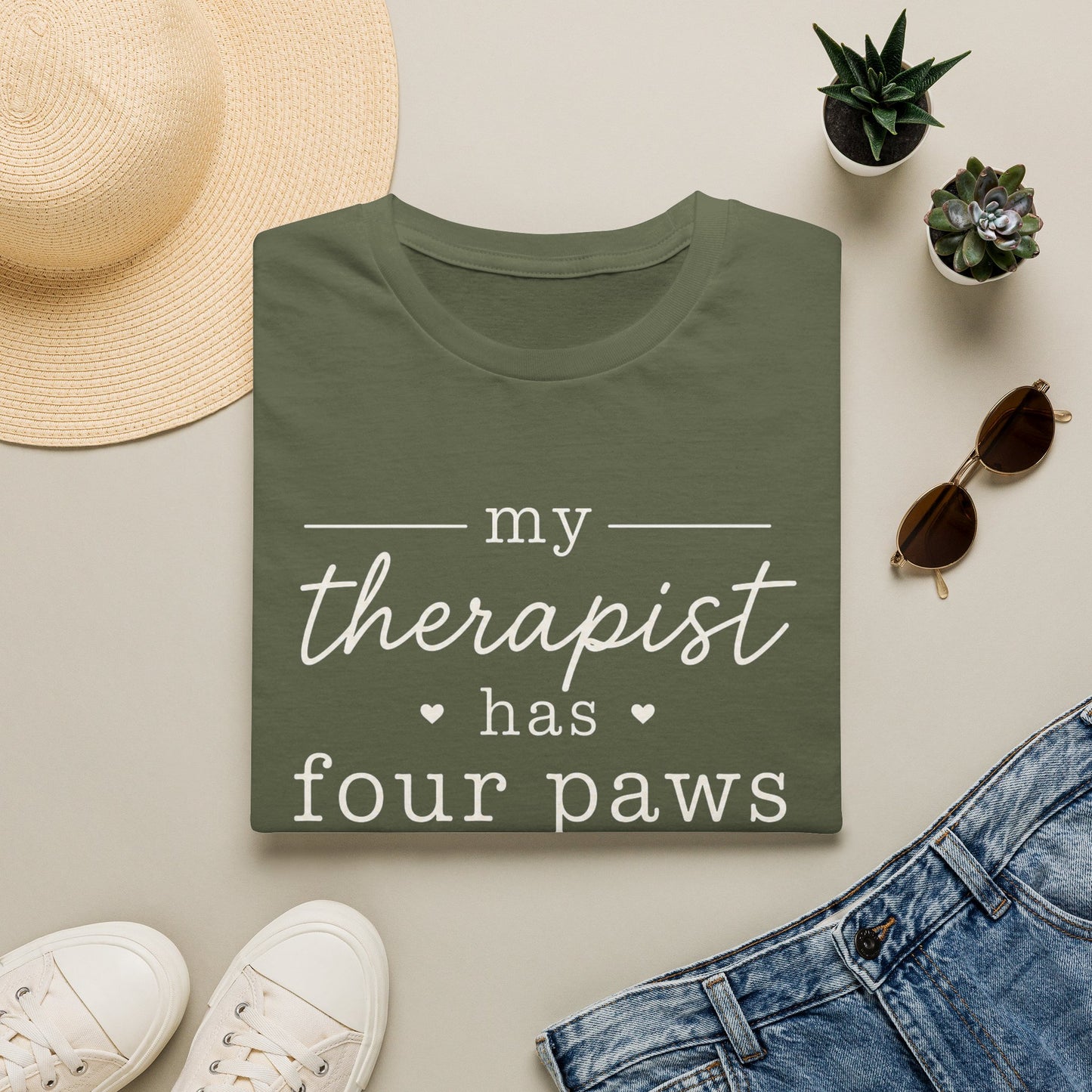 Pet Lover T-Shirt — "My Therapist Has Four Paws" Cute Dog & Cat Therapy Tee