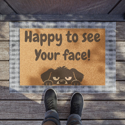 Doormat — "Happy to See Your Face" Funny Welcome Mat with Peeking Dog
