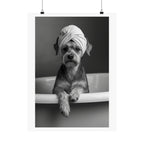 Spa Pup Matte Vertical Poster — Black & White Dog in Bathtub Print