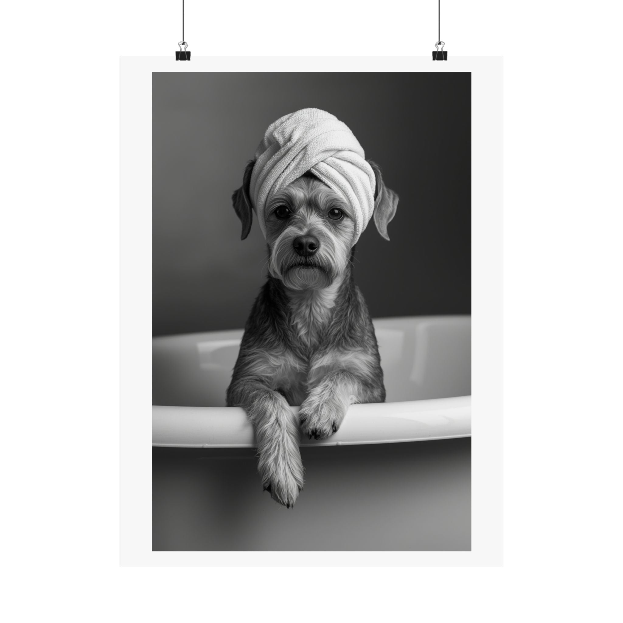 Spa Pup Matte Vertical Poster — Black & White Dog in Bathtub Print