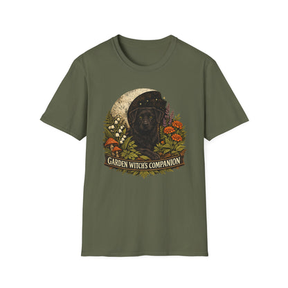 Witch’s Companion Black Dog T-Shirt — “Garden Witch’s Companion” Moon & Floral Tee