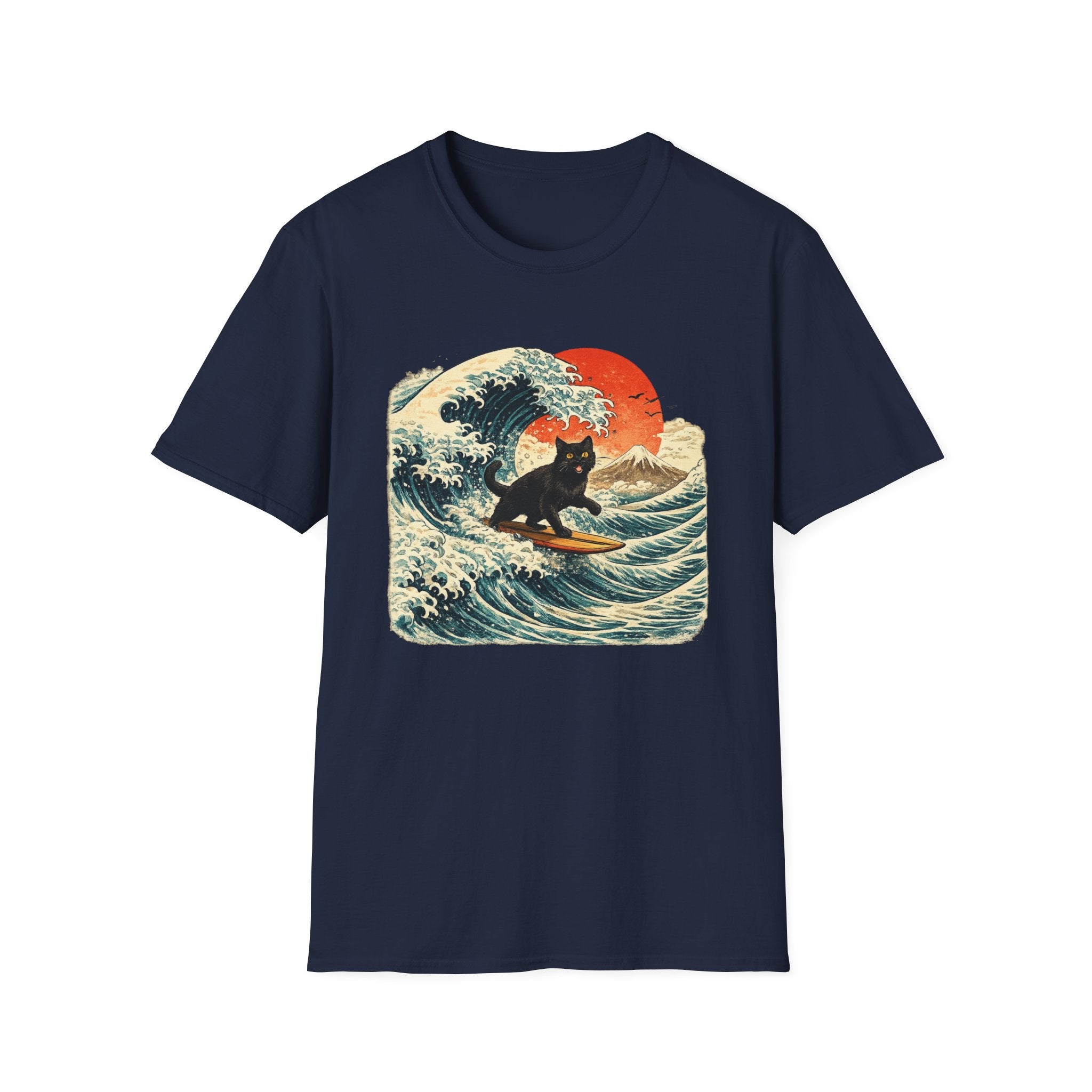 Camiseta Surfing Cat — Camiseta con gráfico de atardecer estilo japonés con olas retro