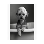 Spa Pup Matte Vertical Poster — Black & White Dog in Bathtub Print