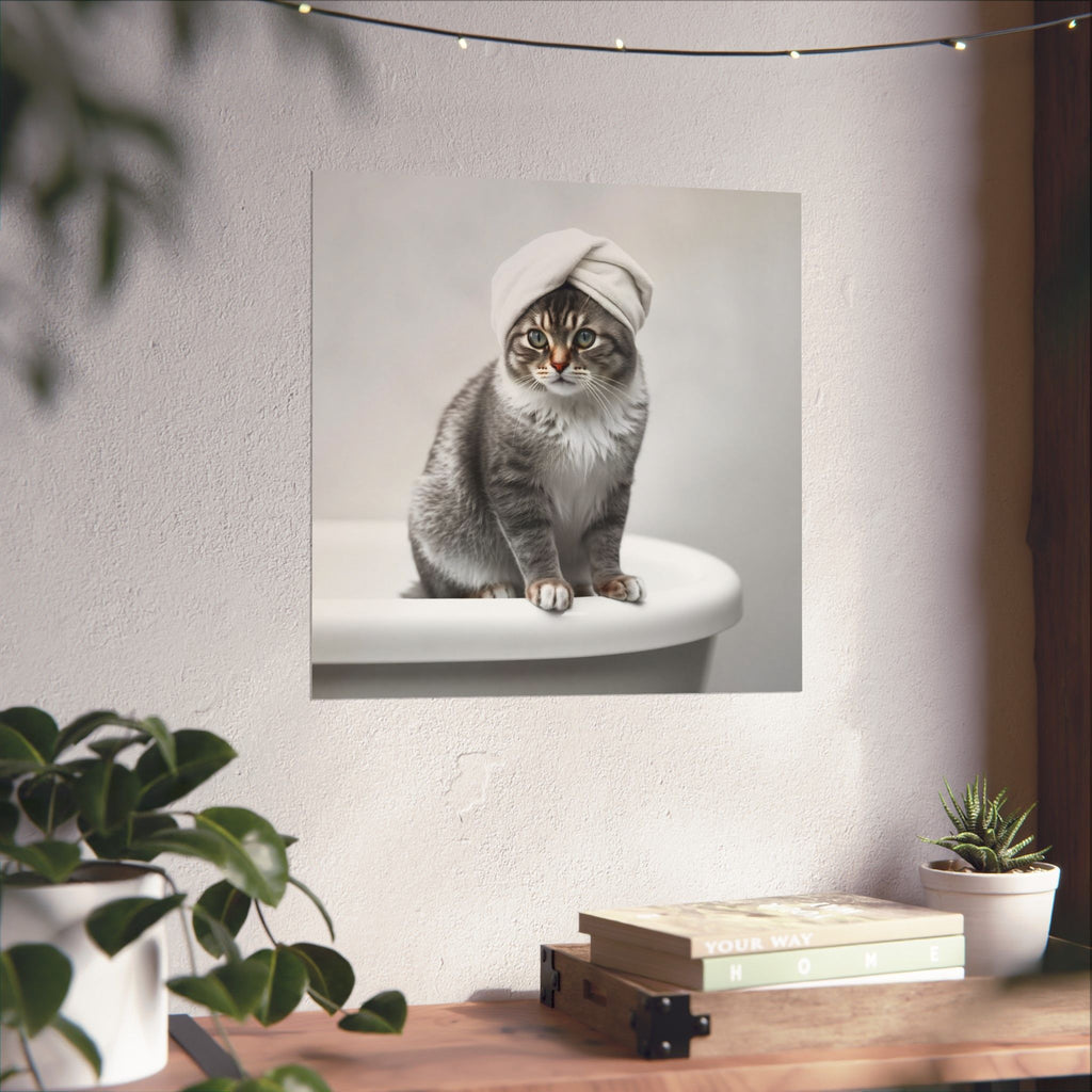 Póster de spa para gatos: adorable gato gris con toalla en la bañera, impresión artística vertical mate.