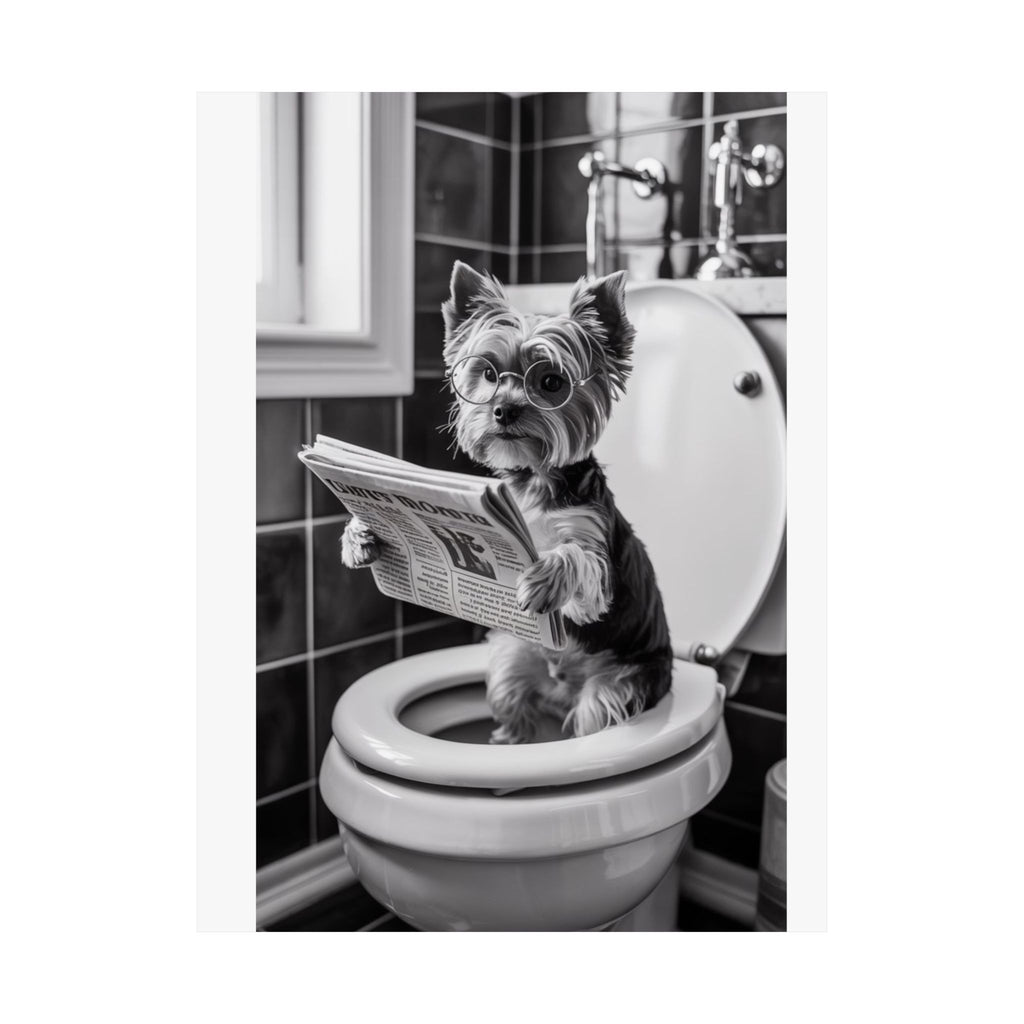 Funny Yorkie Bathroom Poster — Black & White Matte Vertical Dog Wall Art