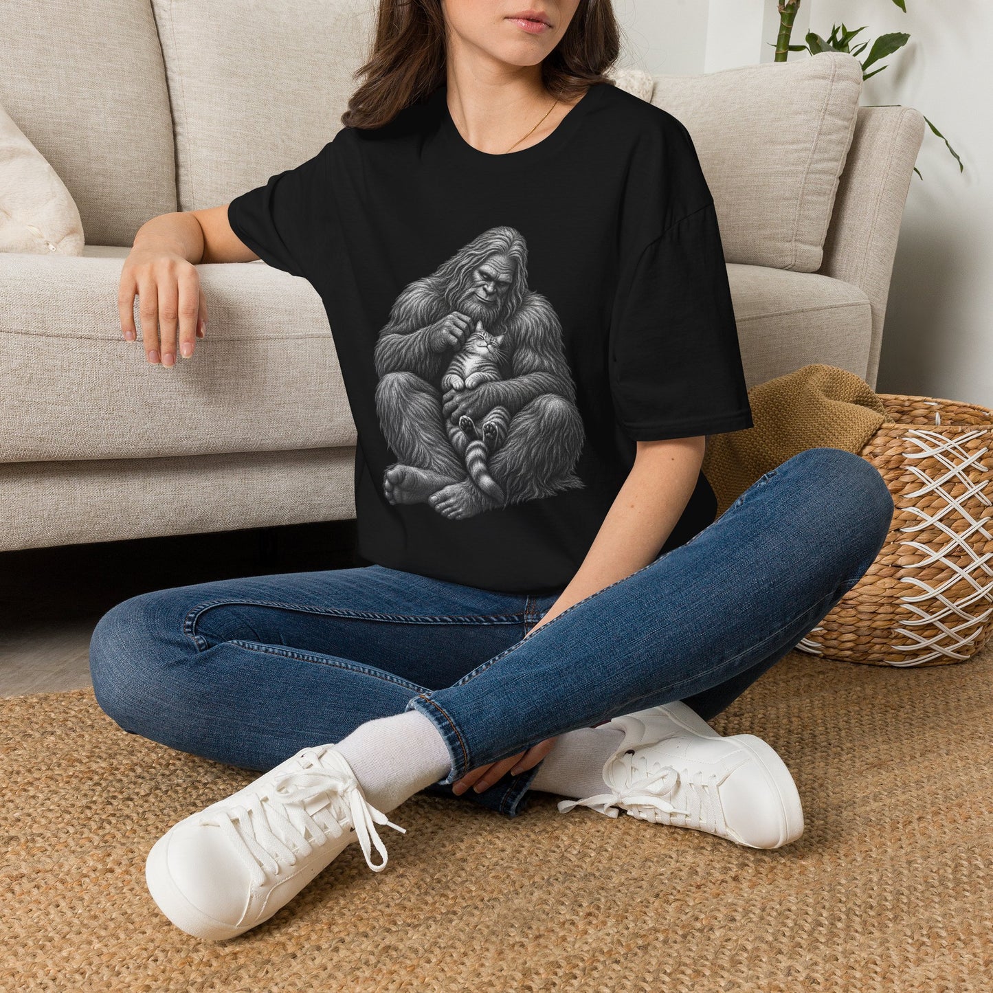 Bigfoot & Kitten T-Shirt — Cute Sasquatch Holding Cat Graphic Tee