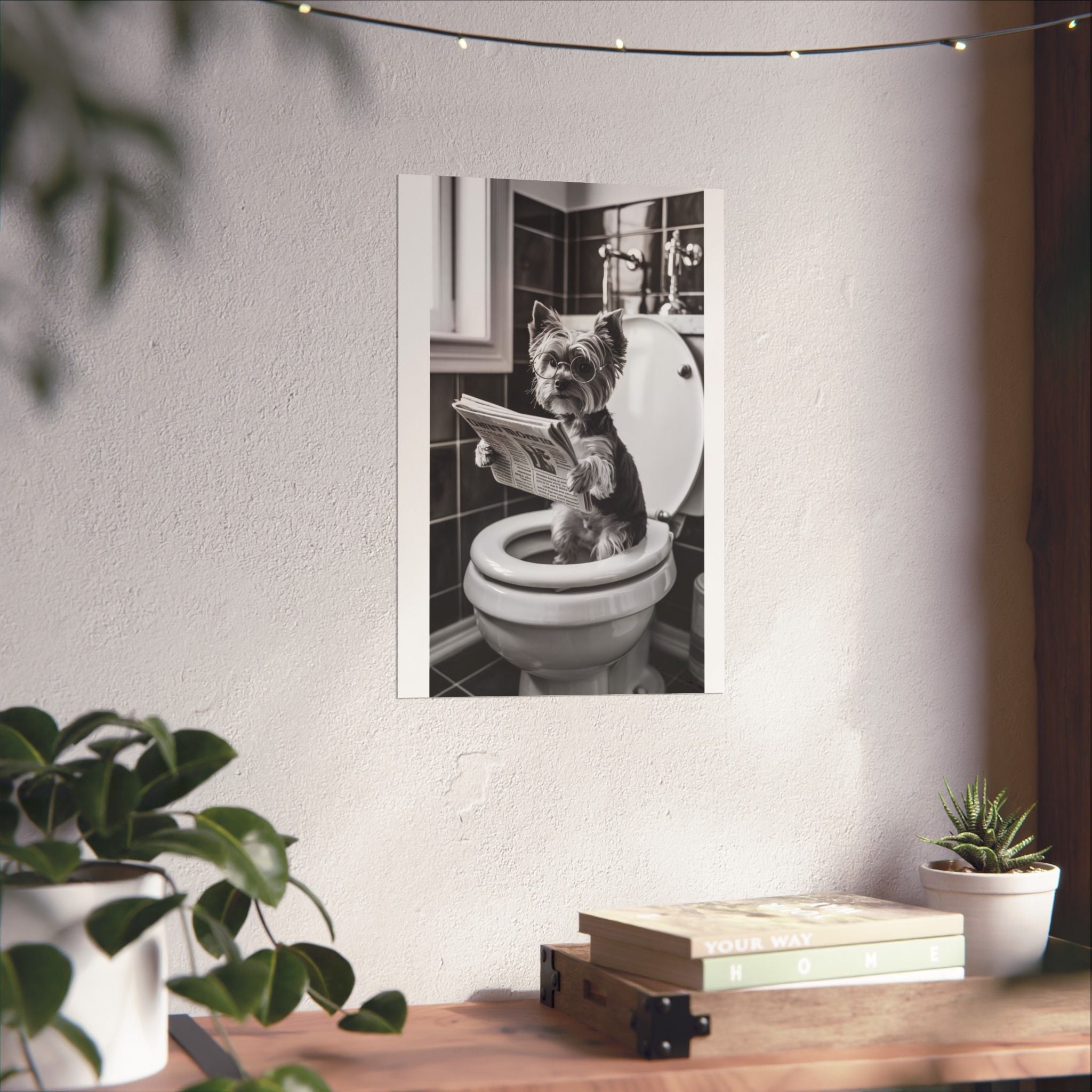 Digital download Funny Yorkie Bathroom Poster — Black & White Matte Vertical Dog Wall Art