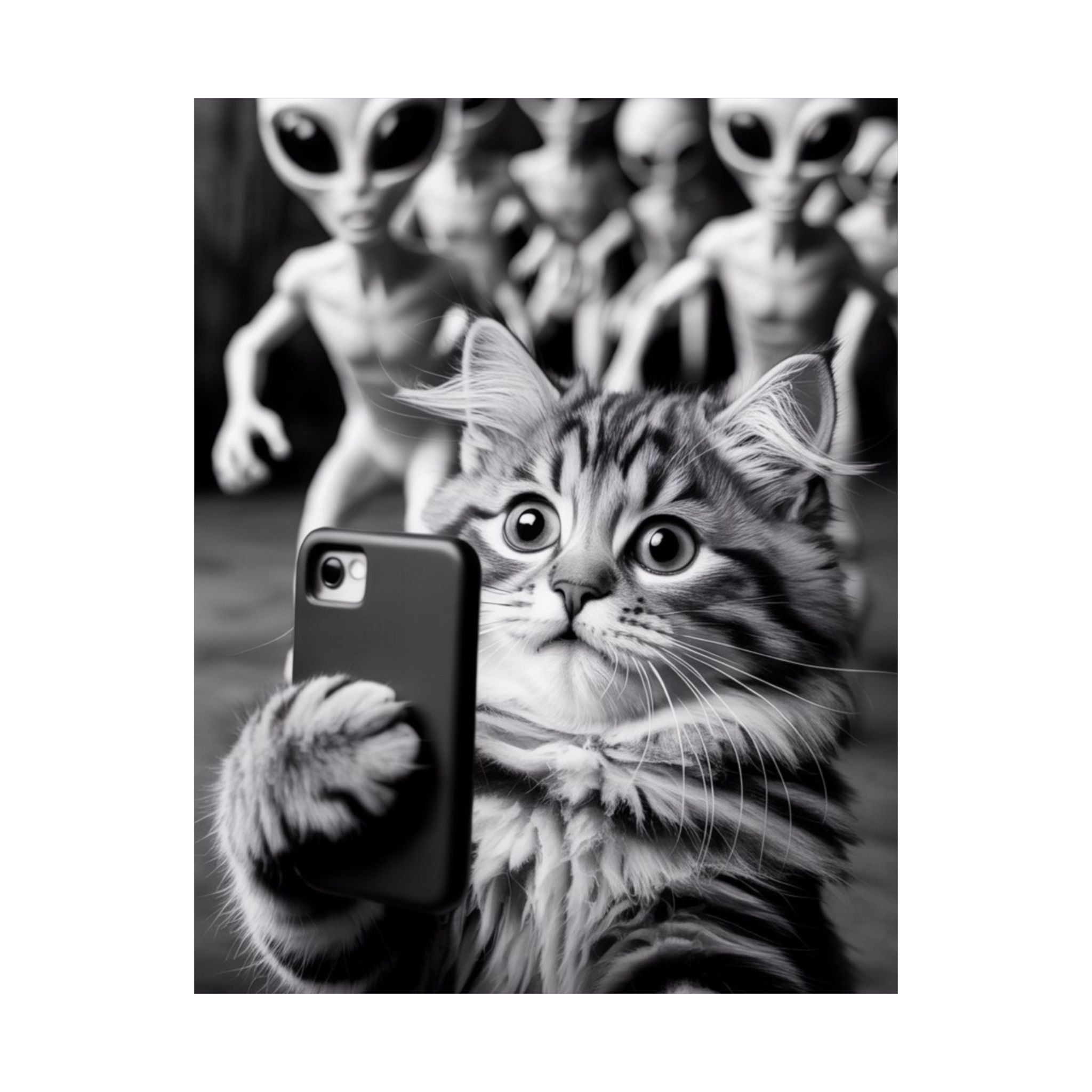 Póster de selfie de gato divertido: arte mural vertical mate con fotobomba de extraterrestre
