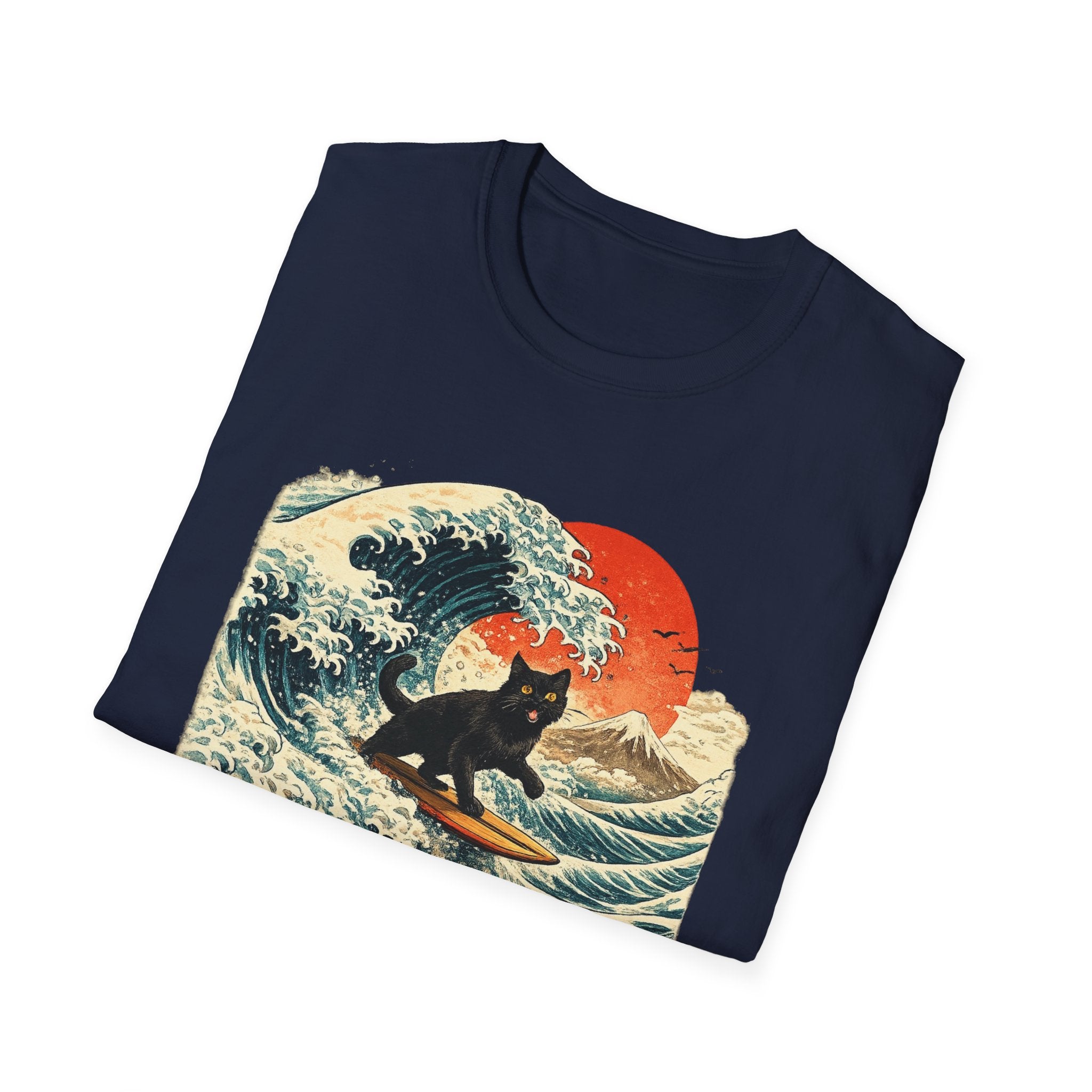 Camiseta Surfing Cat — Camiseta con gráfico de atardecer estilo japonés con olas retro