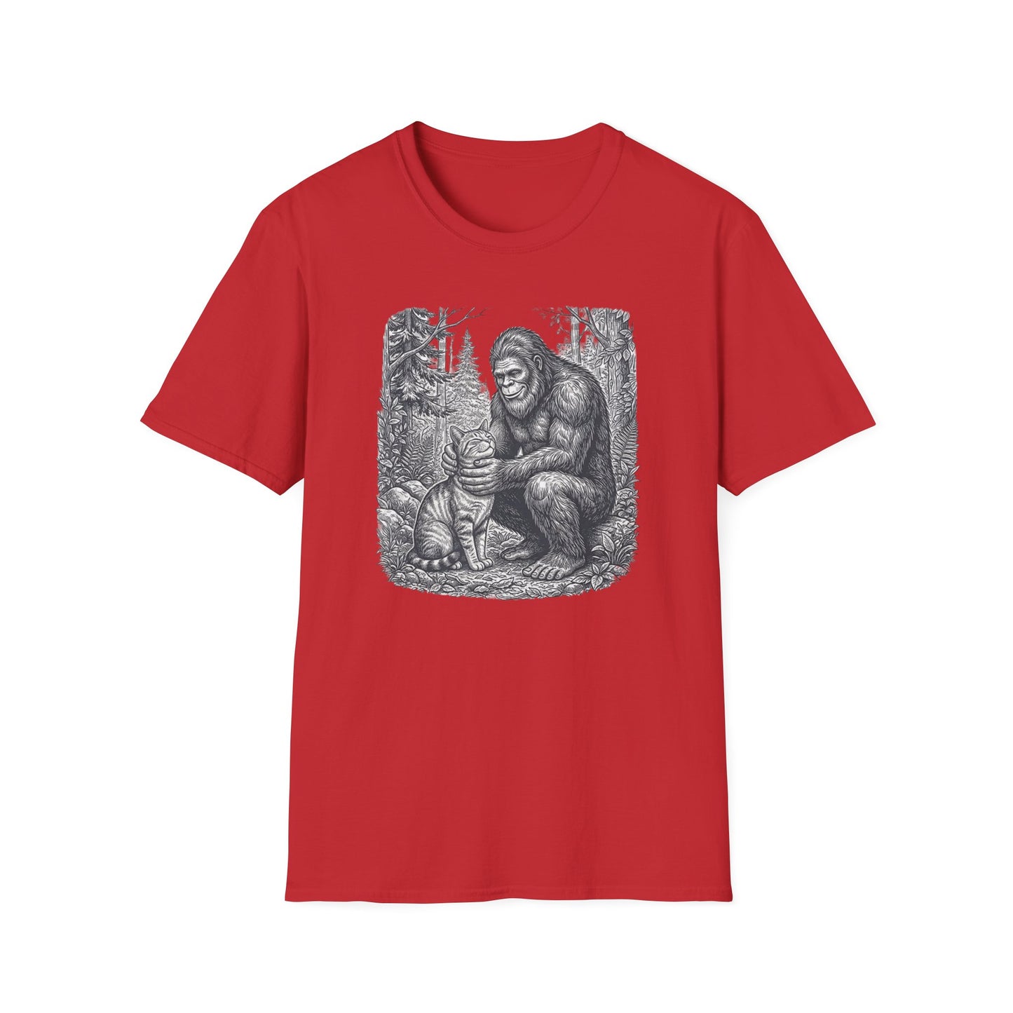 Bigfoot & Cat T-Shirt — Vintage Sasquatch Forest Illustration