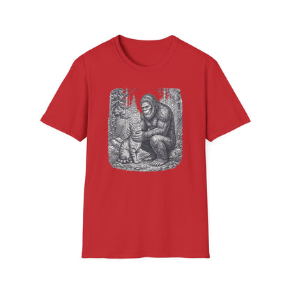 Bigfoot & Cat T-Shirt — Vintage Sasquatch Forest Illustration