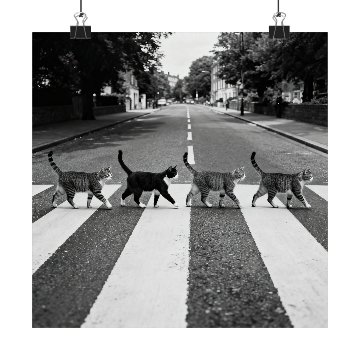 Gato cruzando Abbey Road — Póster vertical mate en blanco y negro