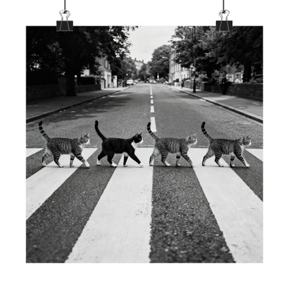 Gato cruzando Abbey Road — Póster vertical mate en blanco y negro