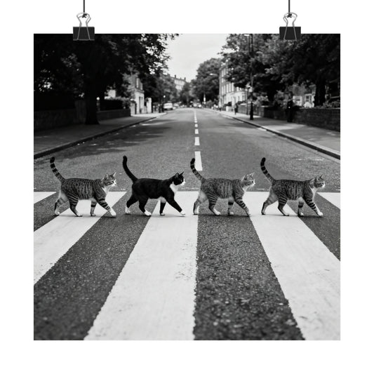 Gato cruzando Abbey Road — Póster vertical mate en blanco y negro