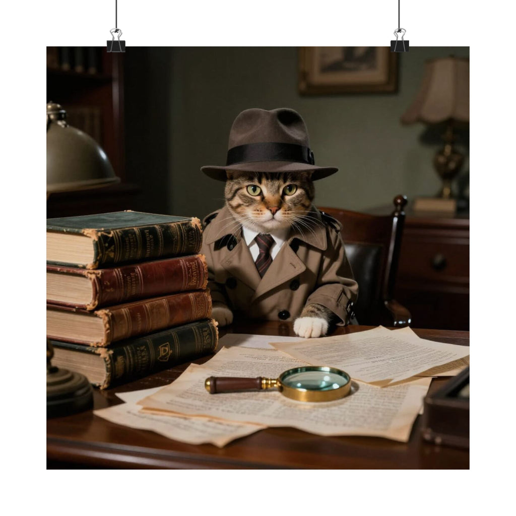 Detective Cat Poster — Vintage Sleuth Matte Vertical Wall Art