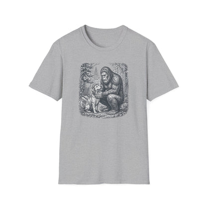 Bigfoot & Dog Graphic T-Shirt — Retro Wilderness Sasquatch Design