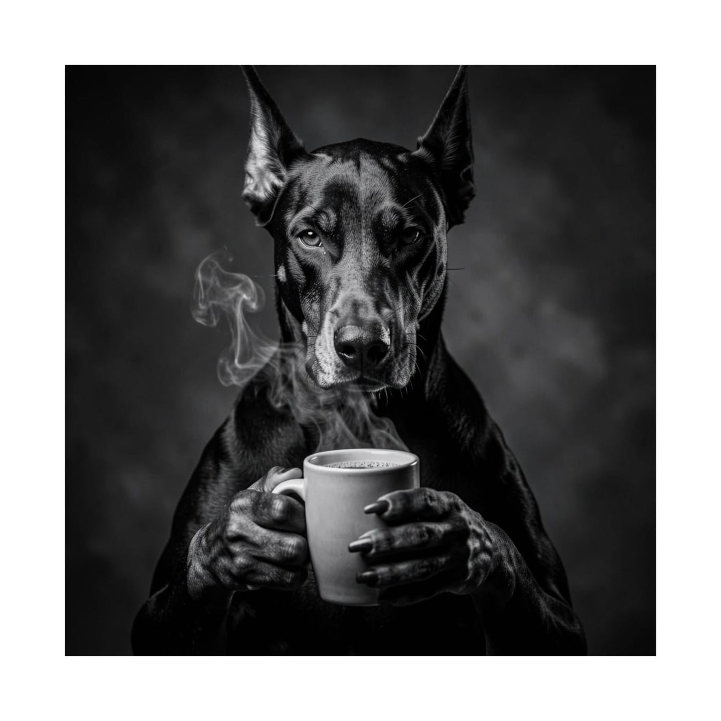 Doberman Coffee Poster — Black & White Matte Dog Art Print