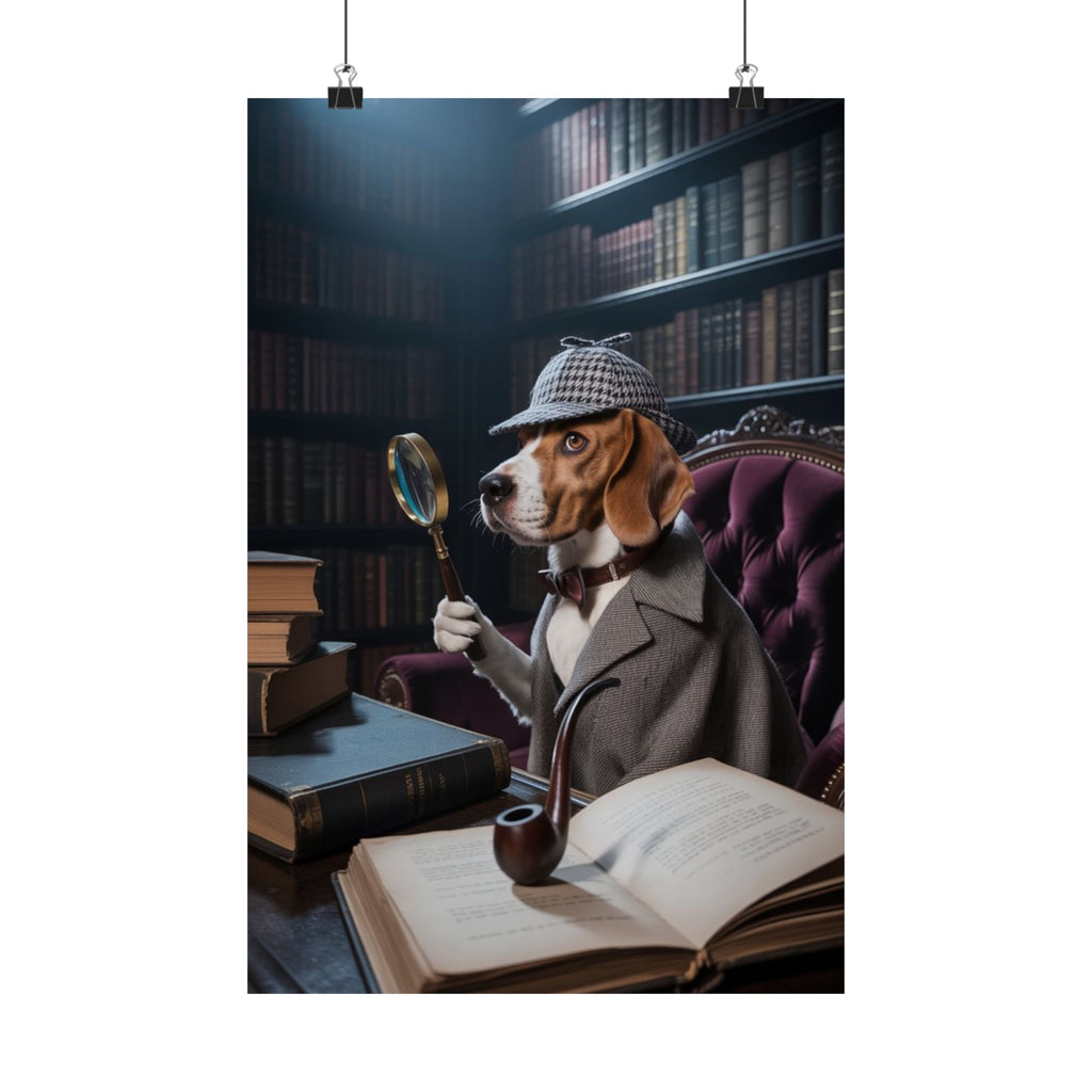 Póster mate de Detective Beagle — Arte mural vintage de perro de biblioteca