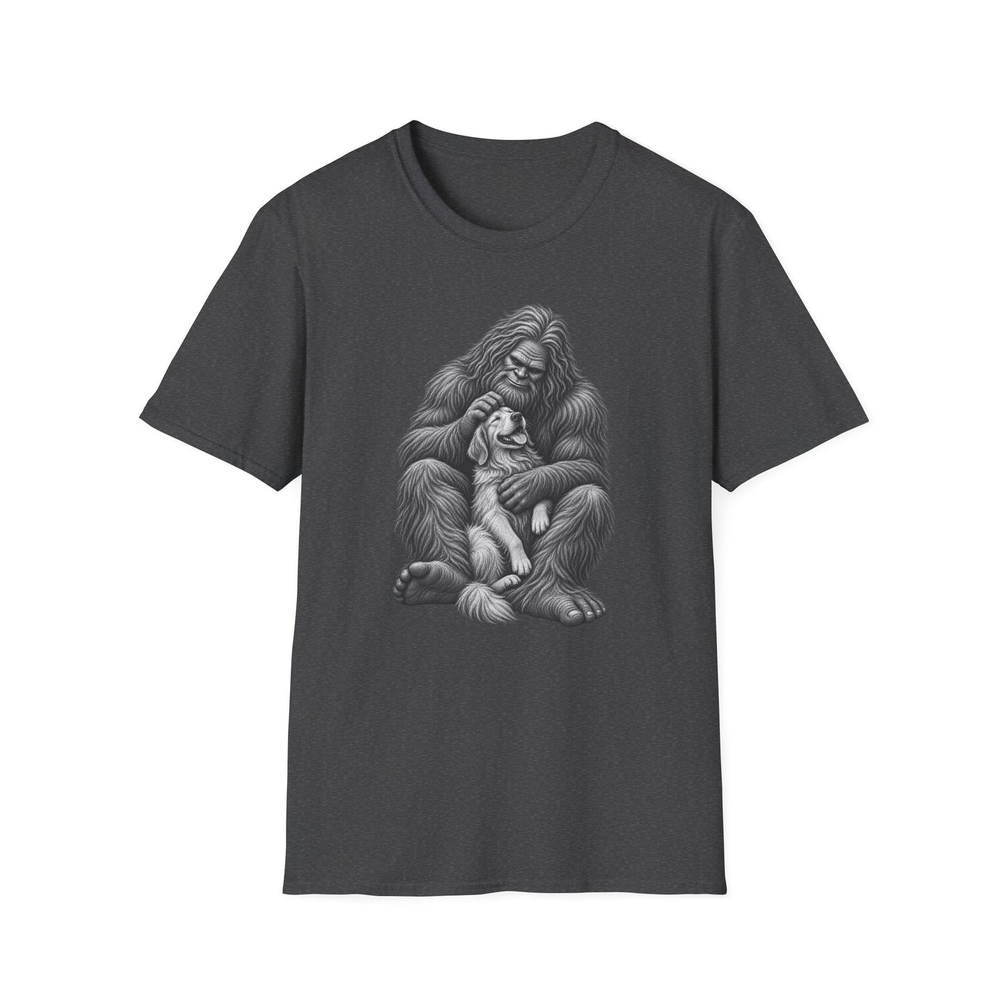 Bigfoot & Puppy Tee — Gentle Sasquatch Holding Dog Graphic T-Shirt
