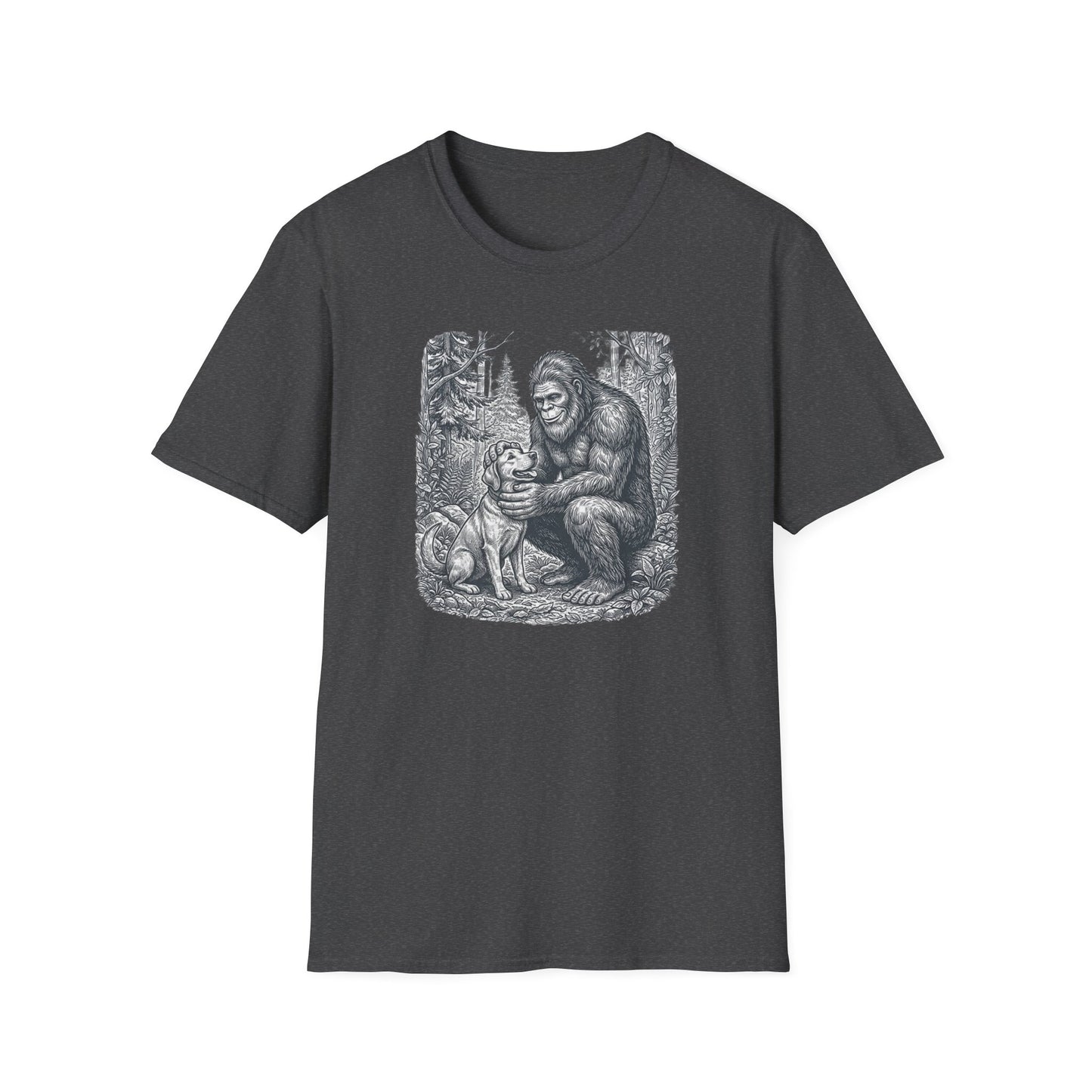 Bigfoot & Dog Graphic T-Shirt — Retro Wilderness Sasquatch Design