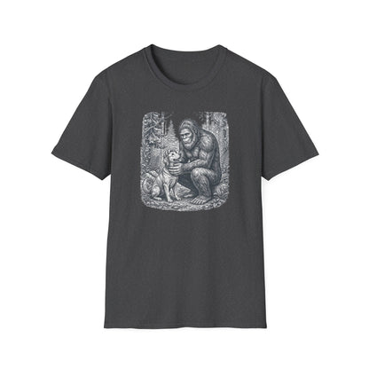 Bigfoot & Dog Graphic T-Shirt — Retro Wilderness Sasquatch Design