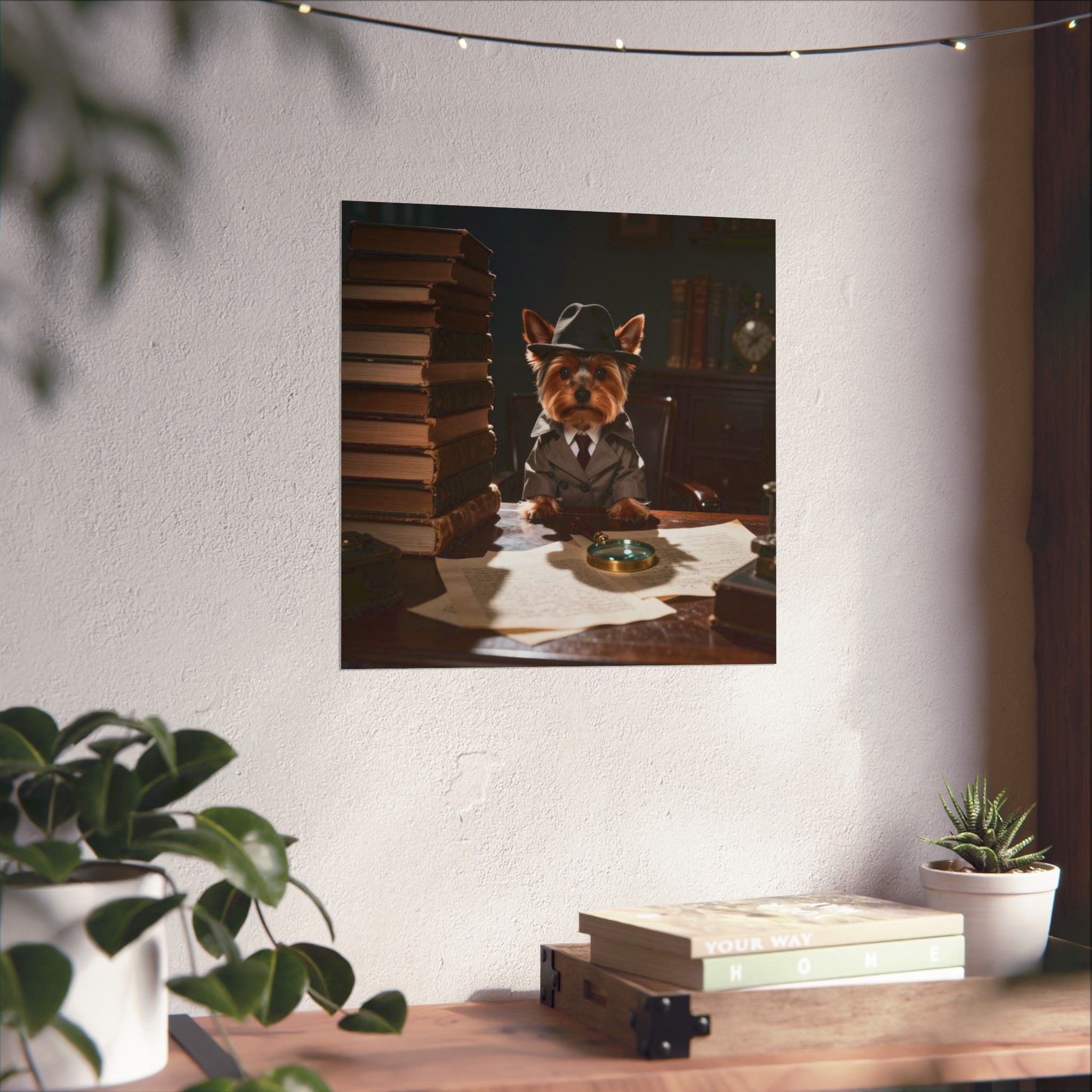 Detective Yorkie Poster — Cute Dog in Trench Coat Matte Vertical Art