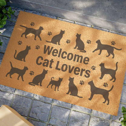 Felpudo de fibra de coco para exteriores "Bienvenidos amantes de los gatos" con siluetas de gatos