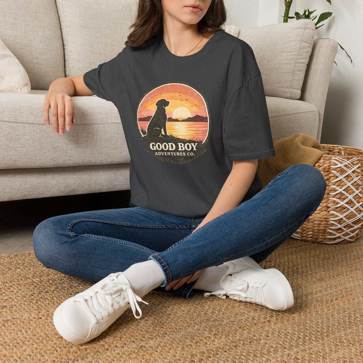 Dog Sunset T-Shirt — "Good Boy" Retro Beach Graphic Tee